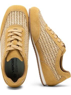 Women's Brown Faux Leather Lightweight Breathable Mesh Tennis Fashion Sneakers